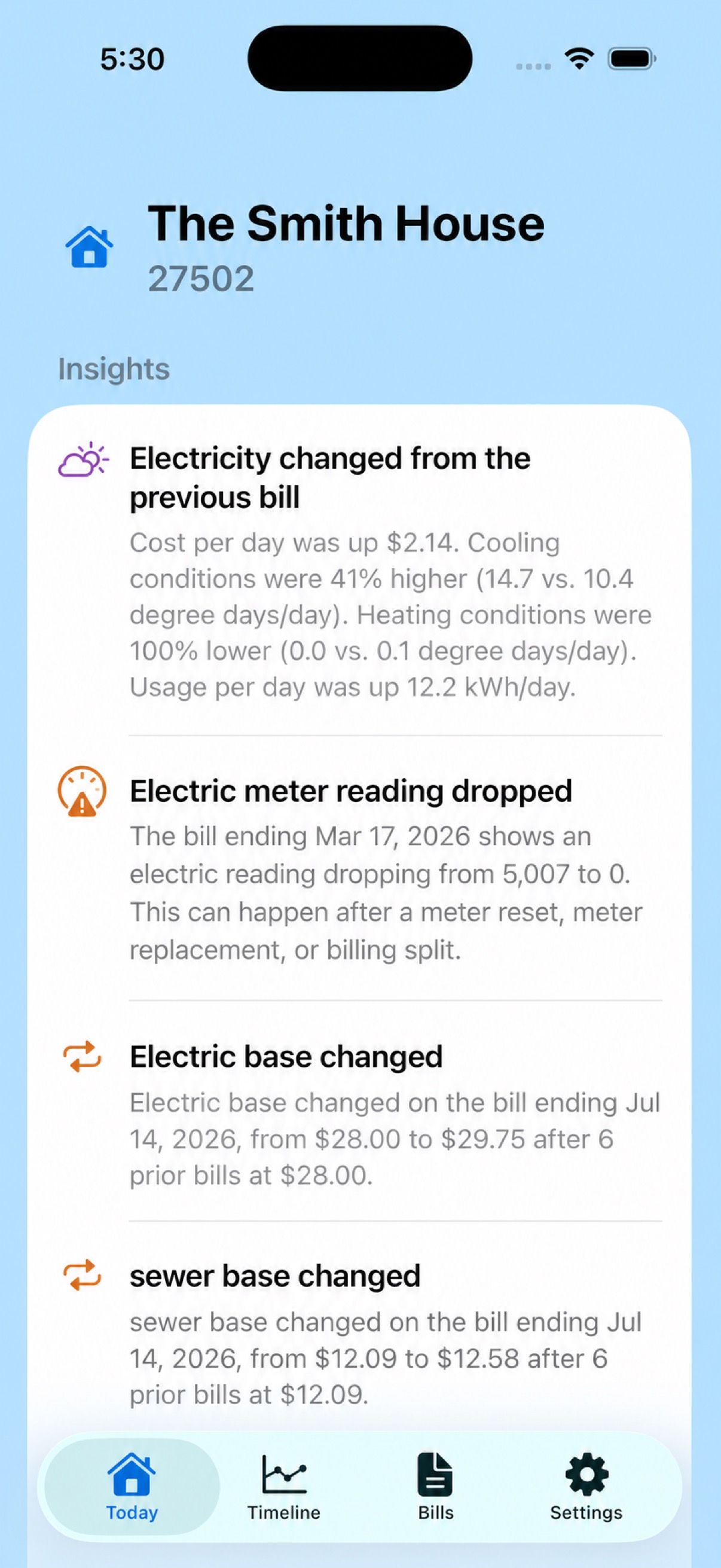 Utility Assistant Today screen showing bill insights