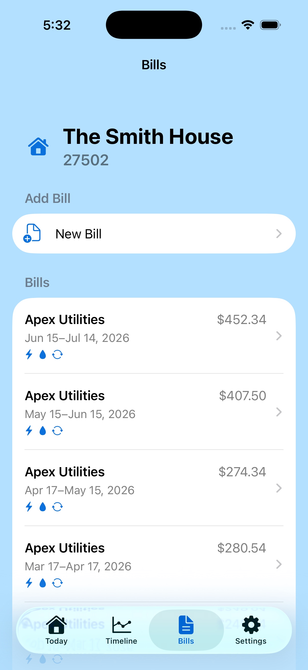 Utility Assistant bills screen and new bill entry