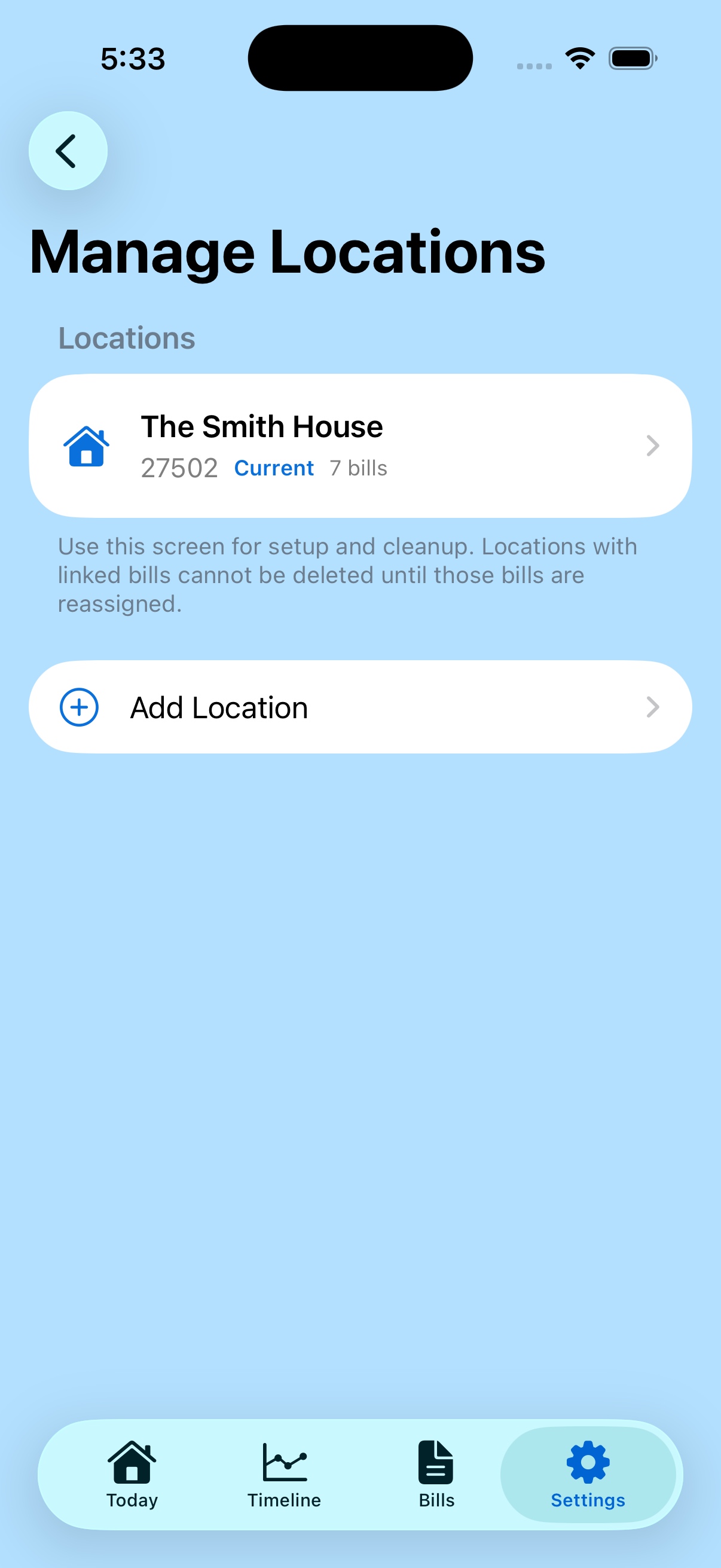 Utility Assistant manage locations screen
