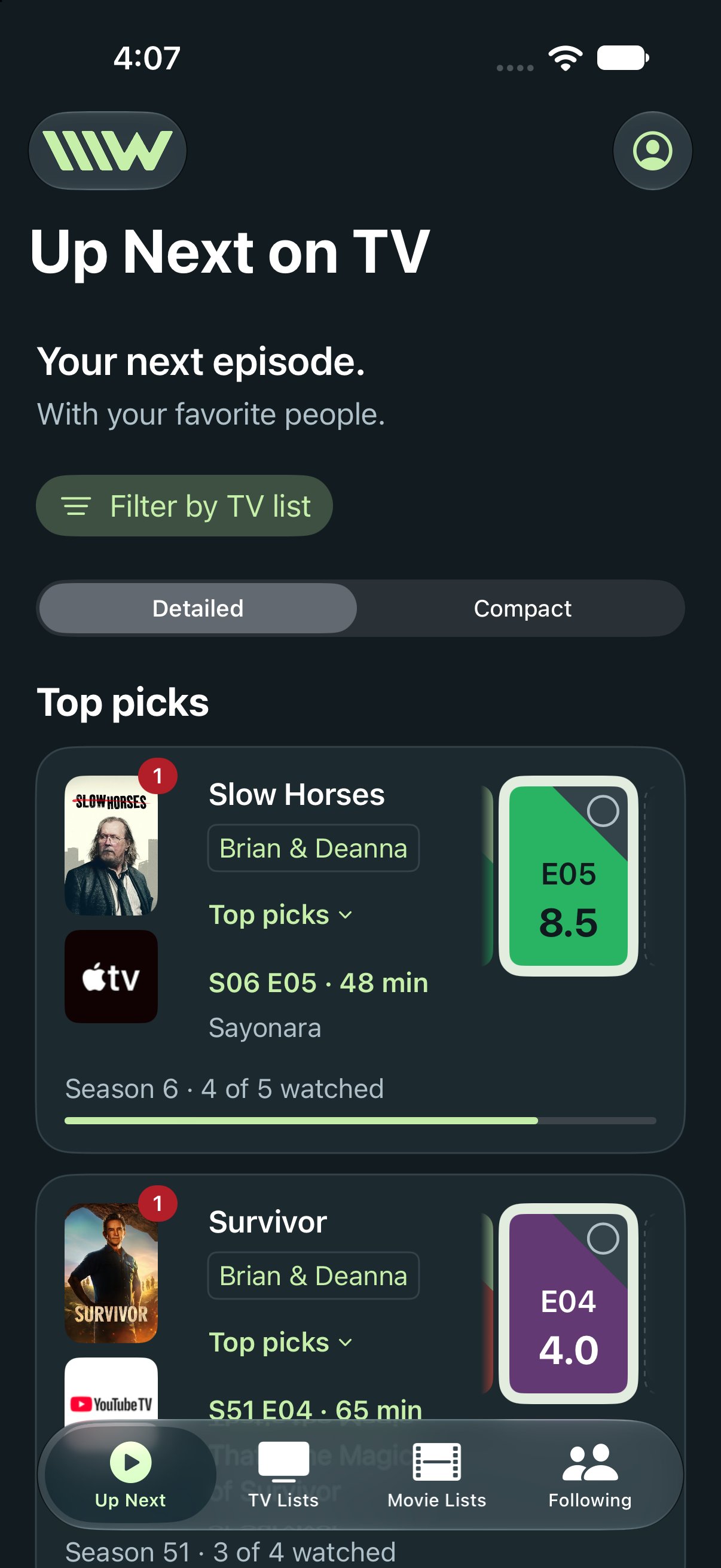 Up Next showing the next unwatched episode, streaming service, and season progress
