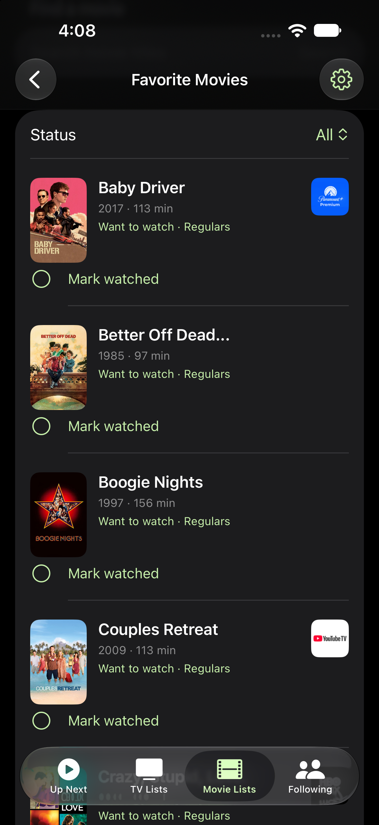 Favorite Movies list with streaming providers and Mark watched controls