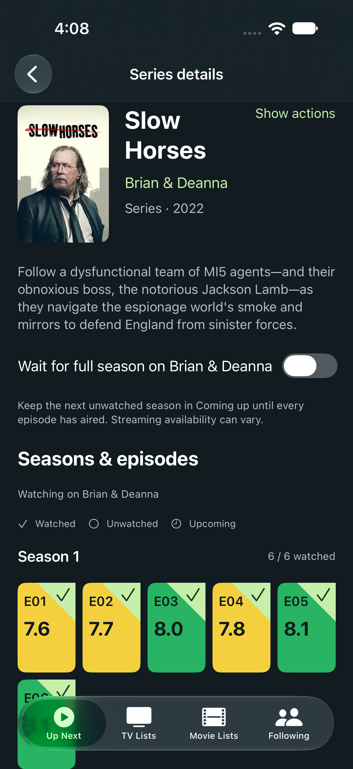 Series details with watched episode ratings and a Wait for full season option