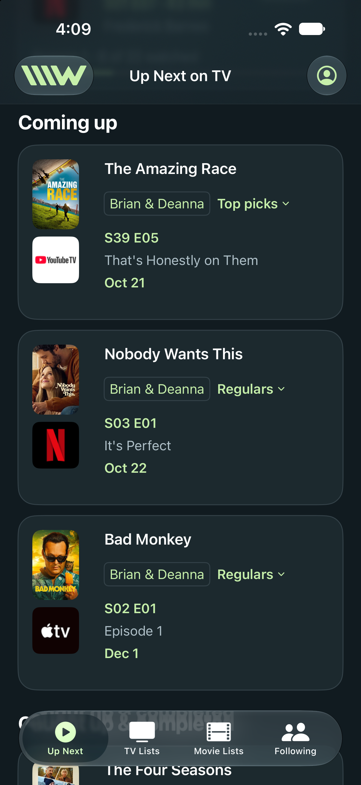 Coming up showing future episodes and their air dates